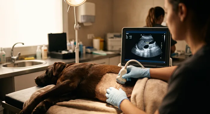 Veterinaria realizando una ecografía a un perro durante las prácticas